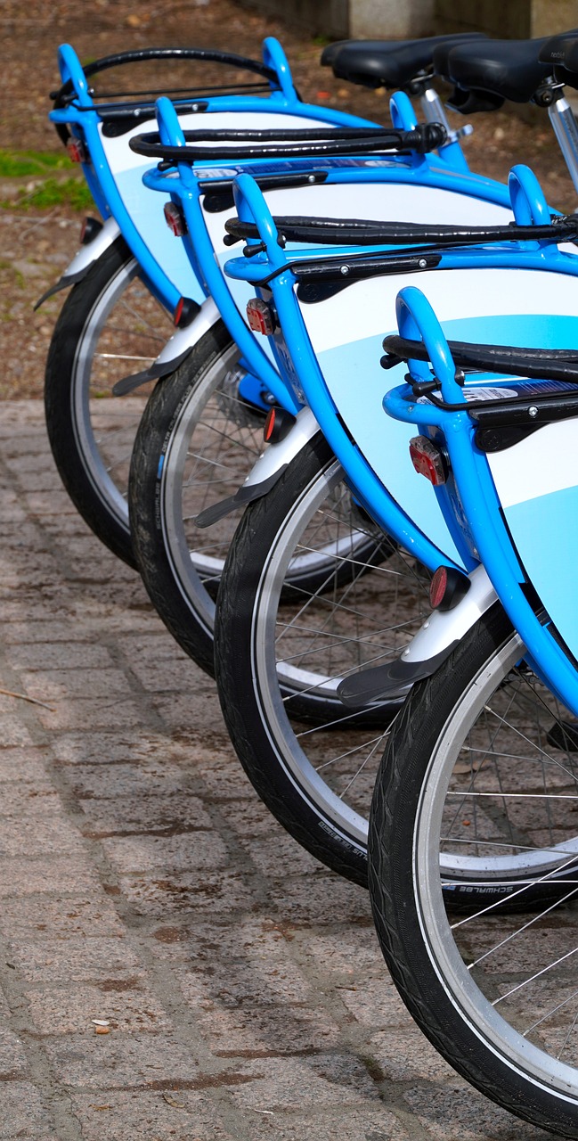A line of parked bicycles.